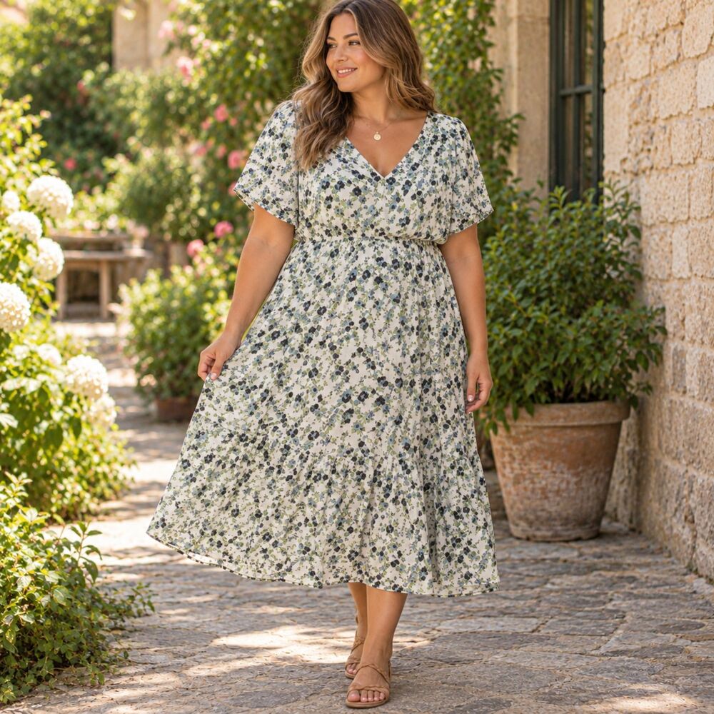 Floral Midi Dress Plus Size 1X NWT Tiered Puff Sleeve Luxology Cottagecore Boho